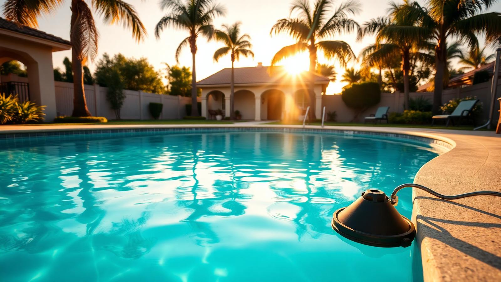 Crystal clear backyard swimming pool at golden hour in a Southern California home — professional pool cleaning service North County San Diego