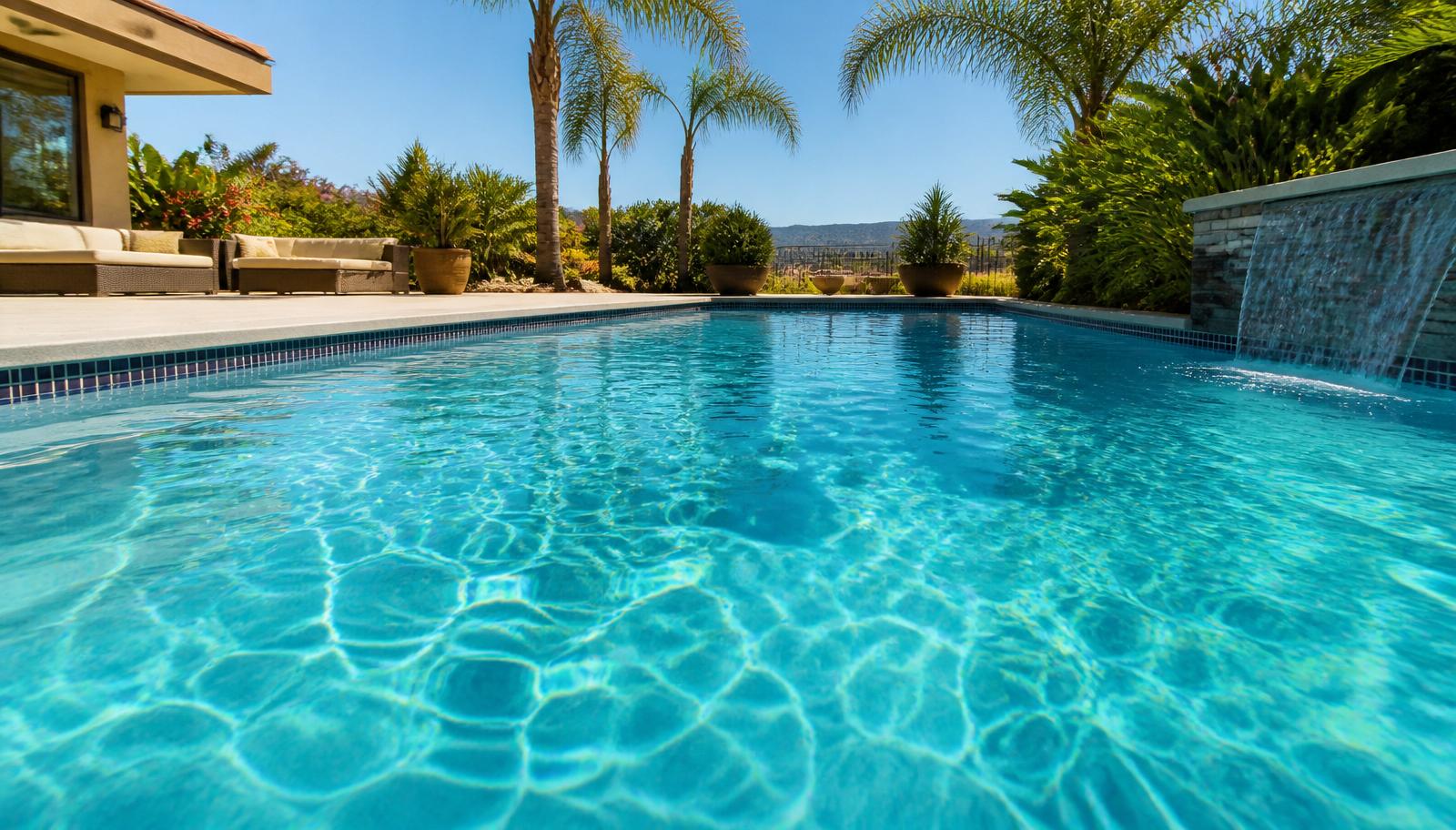 Sparkling clean backyard swimming pool with waterfall feature in a Southern California home — professionally maintained by a pool cleaning service