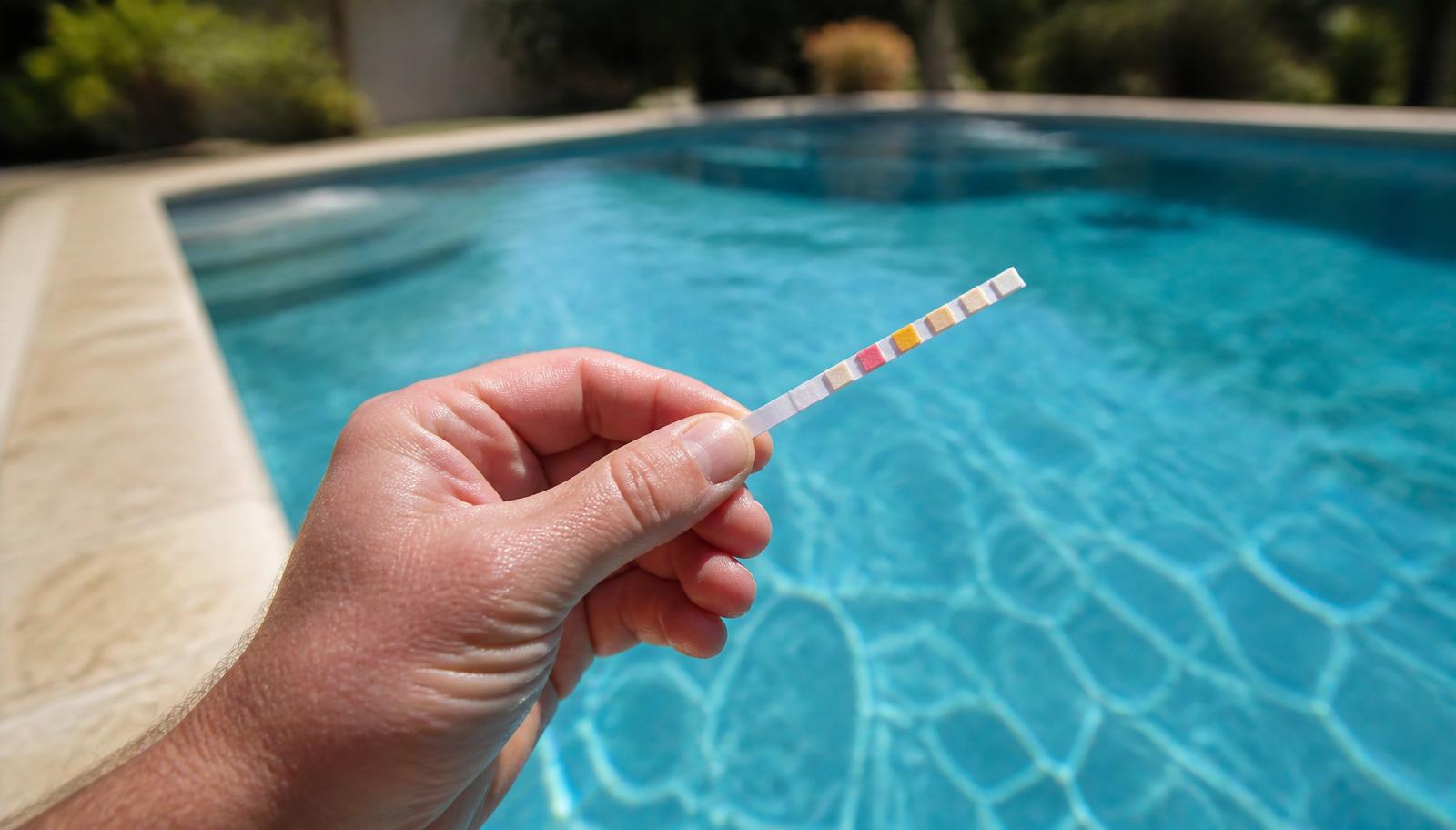 Pool test strip with colored chlorine and pH indicator pads held above a sparkling backyard pool in North County San Diego